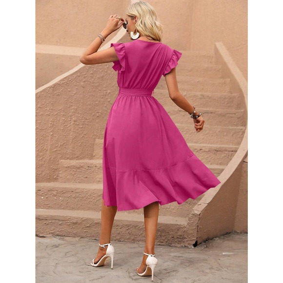 Butterfly Sleeve Ruffle Trim Wrap Hem Belted high low midi Dress - Picture 9 of 11
